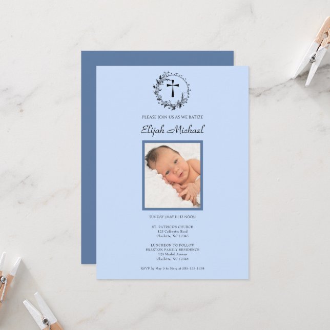 Elegant Modern Blue Photo Baptism Invitation (Front/Back In Situ)