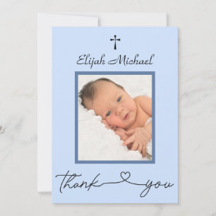 Elegant Modern Blue Photo Baptism Thank You Note Card