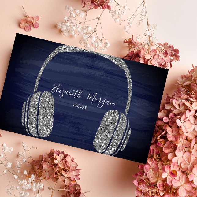 Elegant Modern Blue, Silver Glitter Headphone DJ Business Card (Creator Uploaded)