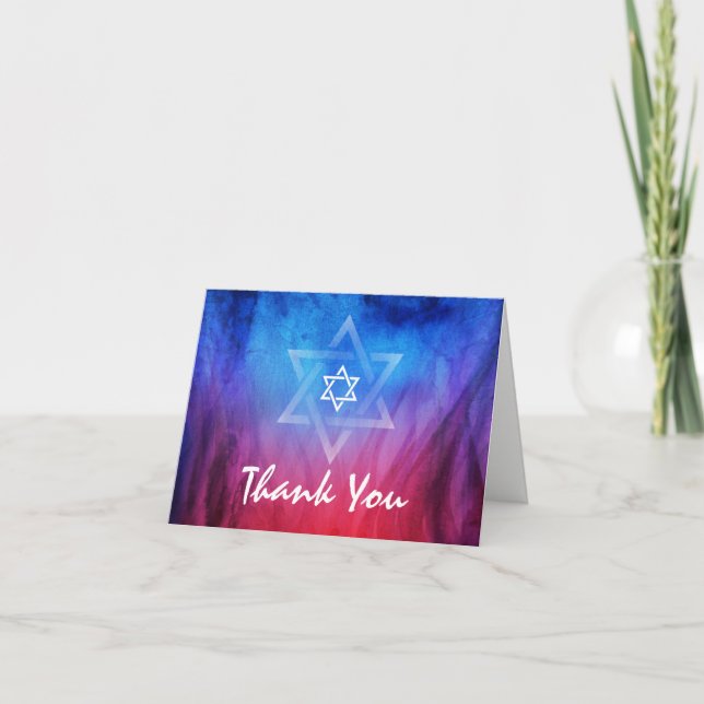 Elegant Modern Blue Star of David Bat Bar Mitzvah Thank You Card (Front)