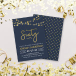 Elegant Modern Blue String of Lights 60th Birthday Invitation<br><div class="desc">Elegant 60th Birthday Party invitation featuring strings of lights and the word "Sixty" in faux gold against a dark blue background. Card includes a matching pattern back side. Check out other matching items here https://www.zazzle.com/collections/strings_of_lights_faux_gold_celebration_collection-119311942951401241?rf=238364477188679314 Personalise it by replacing the placeholder text to add your information. For more options click the...</div>