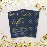 Elegant Modern Blue String of Lights 80th Birthday Invitation<br><div class="desc">Elegant 80th Birthday Party invitation featuring strings of lights and the word "Eighty" in faux gold against a dark blue background. Card includes a matching polka dot pattern back side. Check out other matching items here https://www.zazzle.com/collections/strings_of_lights_faux_gold_celebration_collection-119311942951401241?rf=238364477188679314 Personalise it by replacing the placeholder text to add your information. For more options...</div>