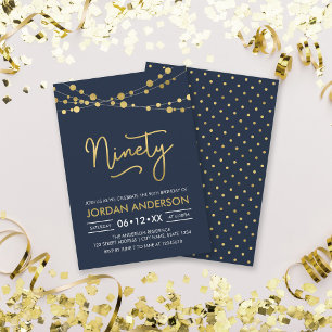 Elegant Modern Blue String of Lights 90th Birthday Invitation