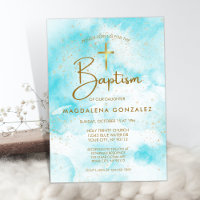 Elegant Modern Blue Watercolor Gold Cross Baptism
