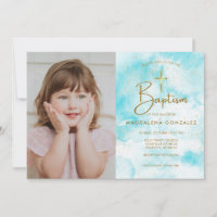 Elegant Modern Blue Watercolor Gold Cross Baptism