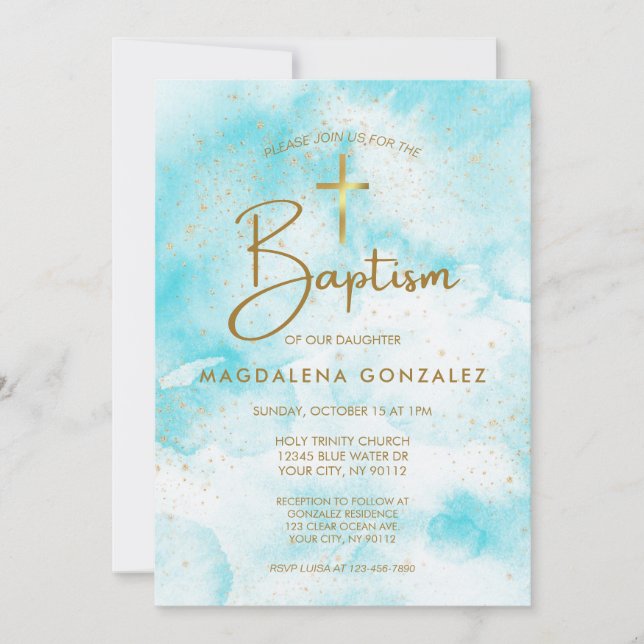 Elegant Modern Blue Watercolor Gold Cross Baptism Invitation (Front)