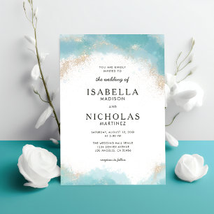 Elegant Modern Blue Watercolor Gold Wedding Invitation