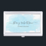 Elegant modern blue watercolor interior designer business card holder<br><div class="desc">Modern design featuring a blue watercolor texture and elegant calligraphy font.</div>