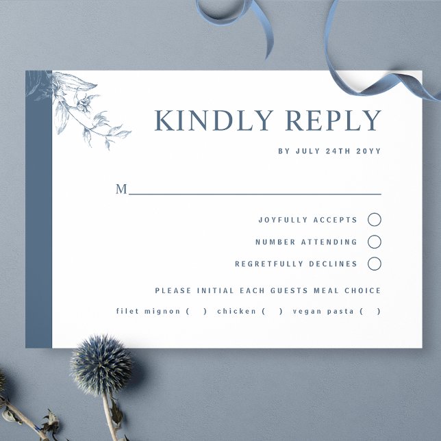 Elegant, Modern Blue Wedding With/without Meal RSV RSVP Card (Creator Uploaded)