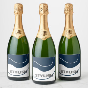 Elegant & Modern Blue & White Sparkling Wine Label