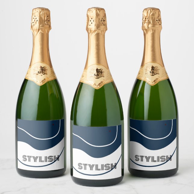 Elegant  & Modern Blue & White  Sparkling Wine Label (Bottles)