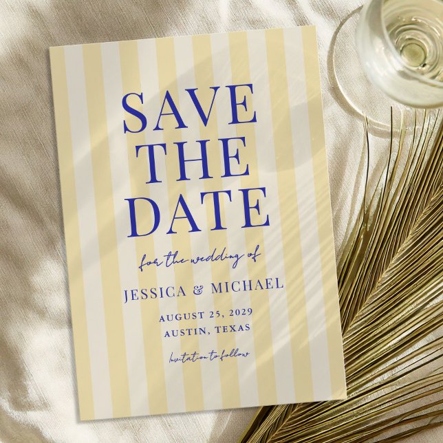 Elegant Modern Blue Yellow Striped Wedding Save The Date (Creator Uploaded)