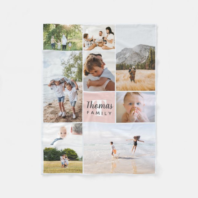 Elegant & Modern Blush Pink Family Photo Collage Fleece Blanket (Front)