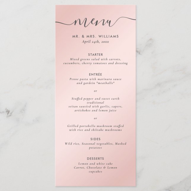 Elegant Modern Blush Pink Grey Wedding Menu (Front)