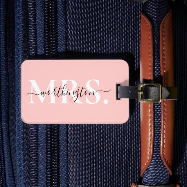 Elegant Modern Blush Pink Newlywed Mrs Luggage Tag (Front Insitu 4)