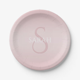 Elegant Modern Blush Pink Ombre Name & Monogram Paper Plate