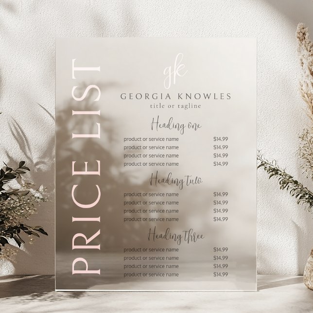 Elegant Modern Blush Pink Price List Acrylic Sign (Creator Uploaded)