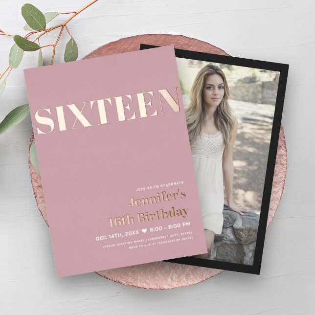 ELEGANT Modern Blush Pink Sweet 16 Typography  (ELEGANT Modern Blush Pink Sweet 16 Typography Foil )