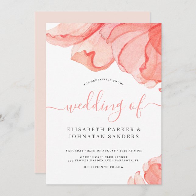 Elegant modern blush pink watercolor wedding invitation (Front/Back)