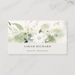 Elegant Modern Boho Abstract Green White Floral Business Card