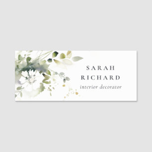 Elegant Modern Boho Abstract Green White Floral Name Tag