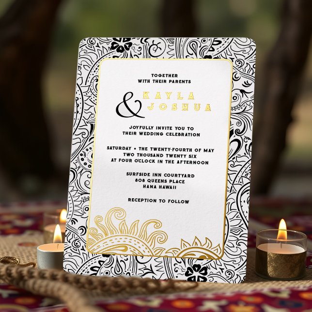 Elegant Modern Boho Black White Paisley Whimsical (Black and white paisley wedding invitation with boho india ornate pattern and gold foil accents)