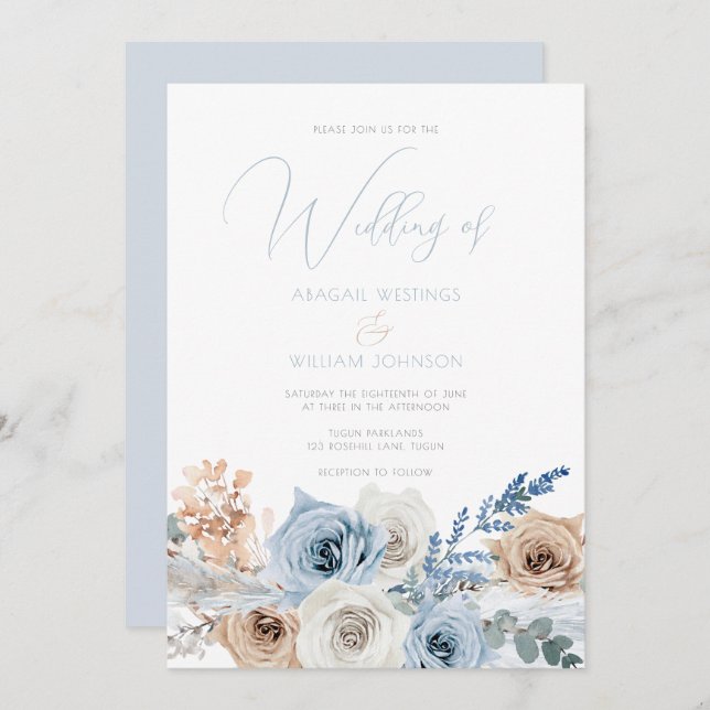 Elegant Modern Boho Blue Wedding Invitation (Front/Back)