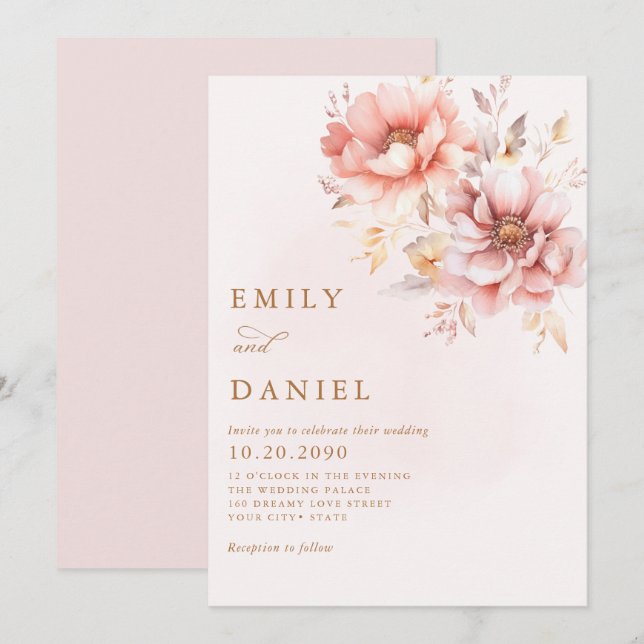Elegant Modern Boho Blush Pink Gold Floral Wedding Invitation (Front/Back)