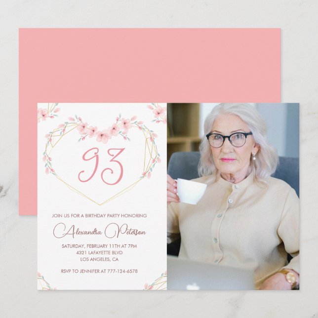Elegant Modern Boho Floral Photo 93rd birthday Invitation (Front/Back)