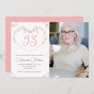 Elegant Modern Boho Floral Photo 93rd birthday Invitation