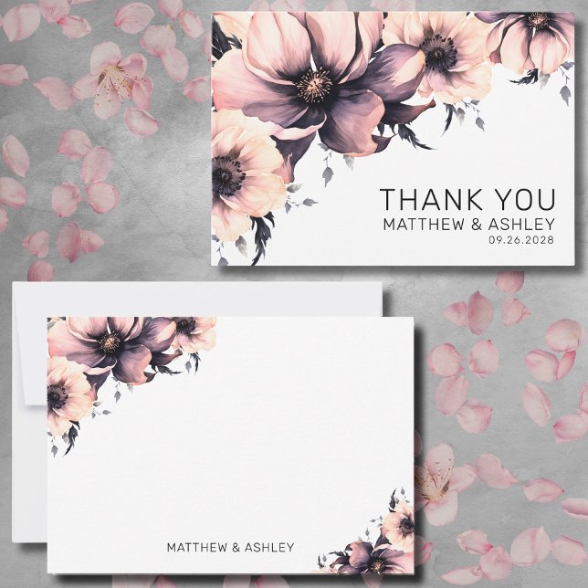 Elegant Modern Boho Pink Floral Wedding Thank You Card (Elegant Modern Boho Pink Black Floral Wedding Thank You Card)