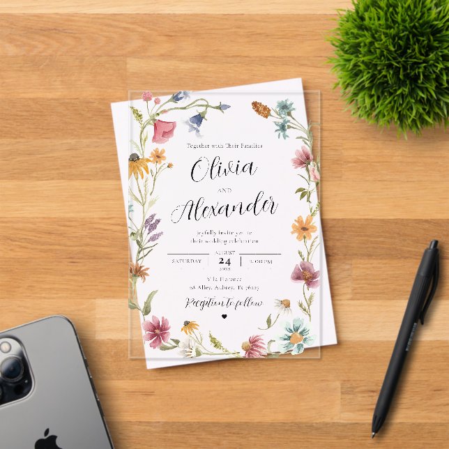 Elegant Modern Boho Wildflower Wedding Acrylic Invitations (Insitu (Invitation Card))