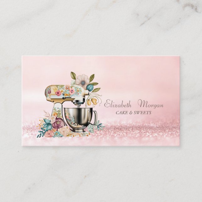 Elegant Modern Bokeh Bakery Cake Mixer Flowers Business Card (Front)