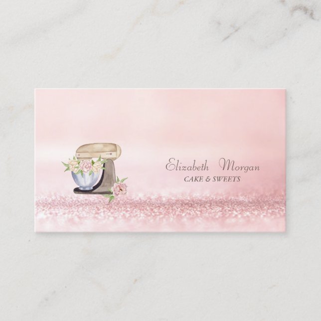 Elegant Modern Bokeh Watercolor Cake Mixer Flowers Business Card (Front)