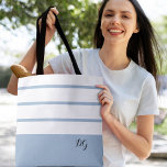 Elegant Modern Bold Stripes Monogram Initials Blue Tote Bag<br><div class="desc">Elegant contemporary design features a mix of thick bands and thin stripes in crisp white and modern ice blue.  Add two or three monogrammed initials in stylish black script. Design repeats on back.  Custom colour requests accepted.</div>