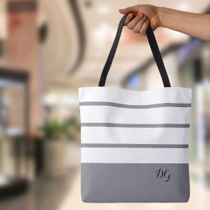 Elegant Modern Bold Stripes Monogram Initials Grey Tote Bag