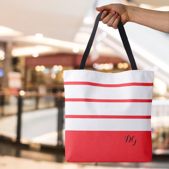 Elegant Modern Bold Stripes Monogram Initials Red Tote Bag (Elegant Modern Bold Stripes  Monogrammed Red Black & White Canvas Shopping Shoulder Tote Bag
)