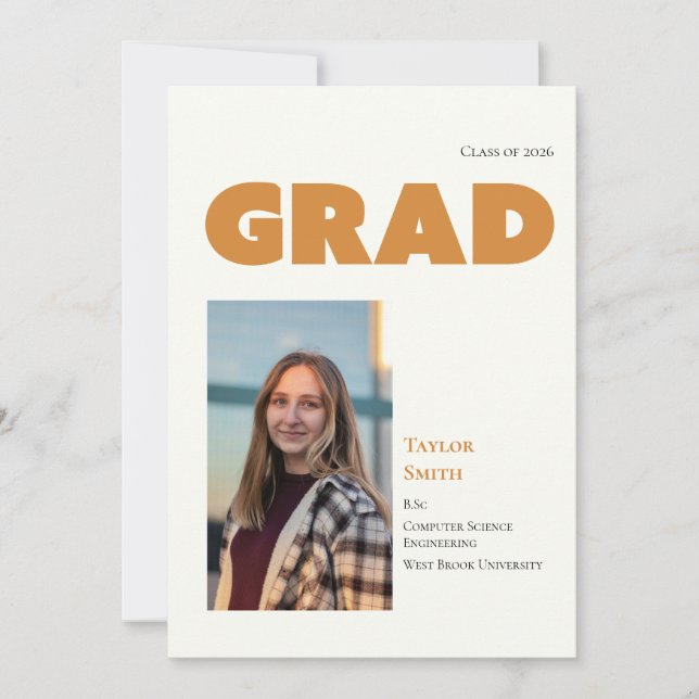 Elegant modern bold typescript -orange graduation  announcement (Front)