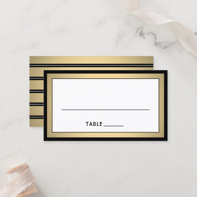 Elegant Modern Border Black, Gold & White Escort / Place Card (Front/Back In Situ)