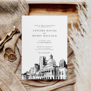 Elegant Modern Boston Sketch New England Wedding Invitation