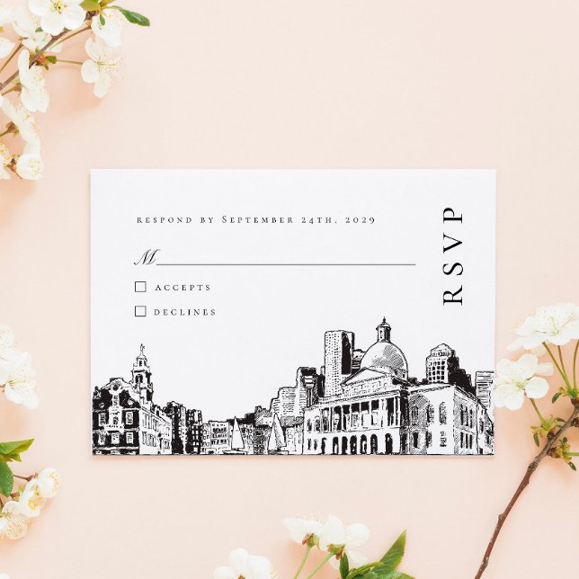 Elegant Modern Boston Sketch New England Wedding RSVP Card (Creator Uploaded)