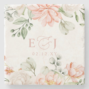Elegant Modern Botanical Blush Pink Floral Wedding Stone Coaster