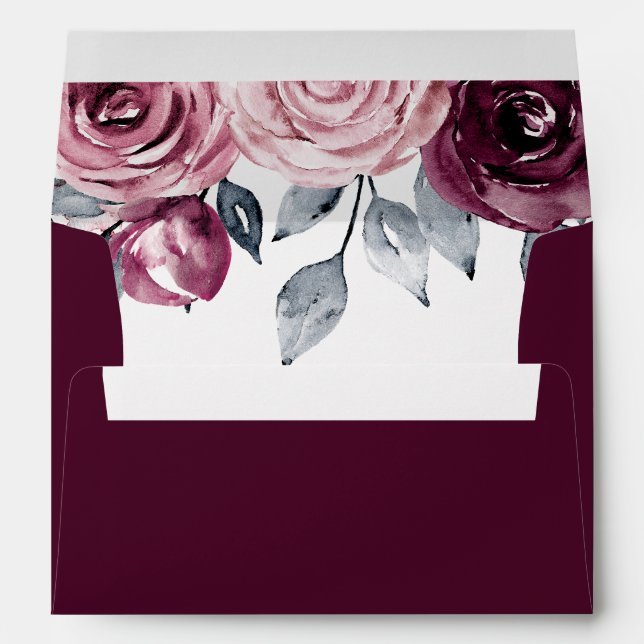 Elegant Modern Botanical Burgundy Floral Wedding Envelope (Back (Bottom))