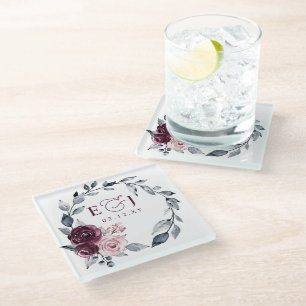 Elegant Modern Botanical Burgundy Floral Wedding Glass Coaster