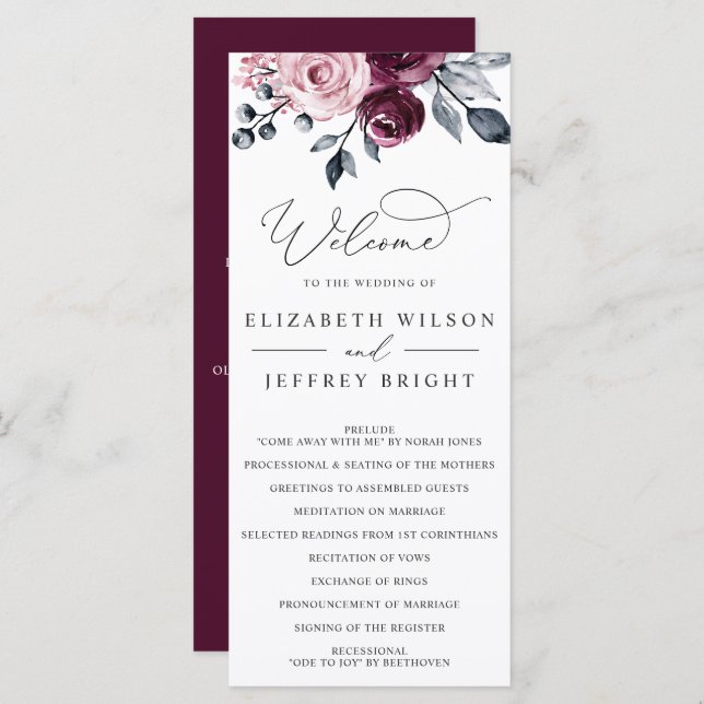Elegant Modern Botanical Burgundy Floral Wedding Programme (Front/Back)
