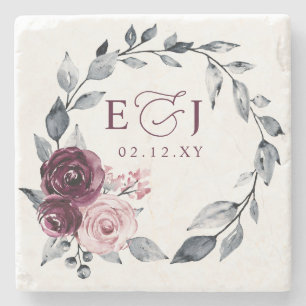 Elegant Modern Botanical Burgundy Floral Wedding Stone Coaster