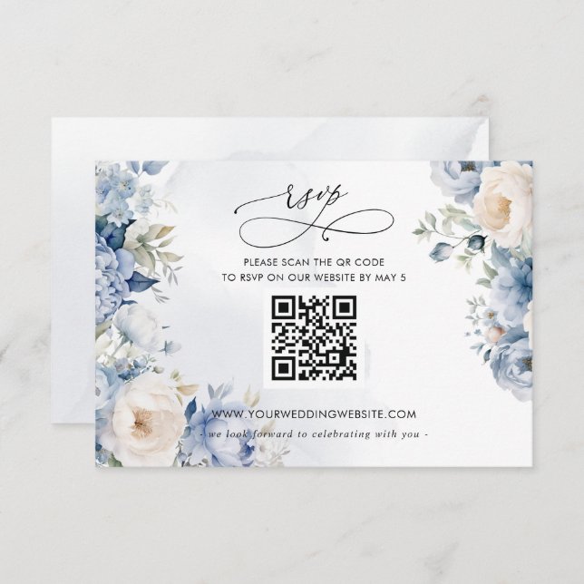 Elegant Modern Botanical Dusty Blue Floral QR CODE RSVP Card (Front/Back)