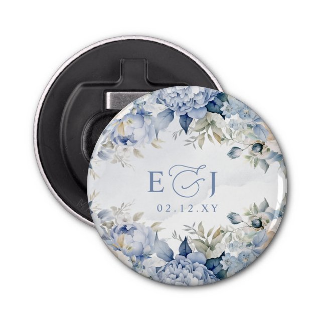 Elegant Modern Botanical Dusty Blue Floral Wedding Bottle Opener (Front)