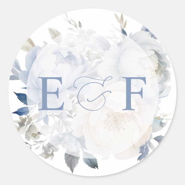 Elegant Modern Botanical Dusty Blue Floral Wedding Classic Round Sticker (Front)