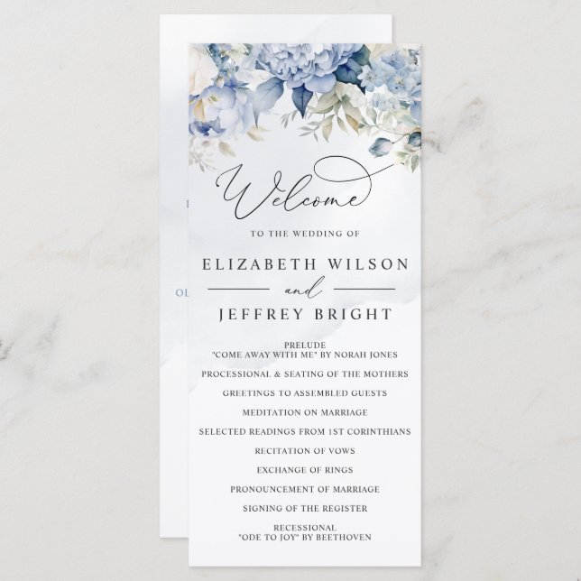 Elegant Modern Botanical Dusty Blue Floral Wedding Programme (Front/Back)